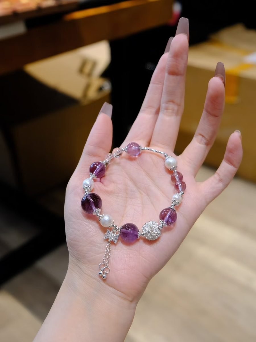 7-13mm Amethyst Bracelet with Clear Quartz & Freshwater Pearl - Image 4