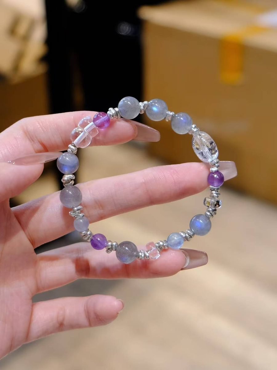 6-8mm Rainbow Moonstone Bracelet with Amethyst & Clear Quartz