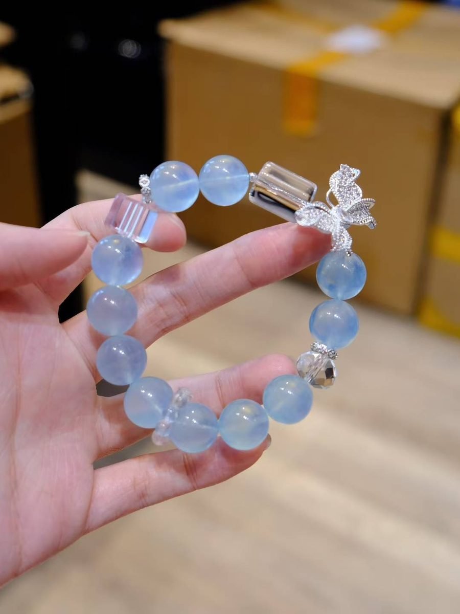 9-11mm Rainbow Moonstone Bracelet with Clear Quartz & Aquamarine