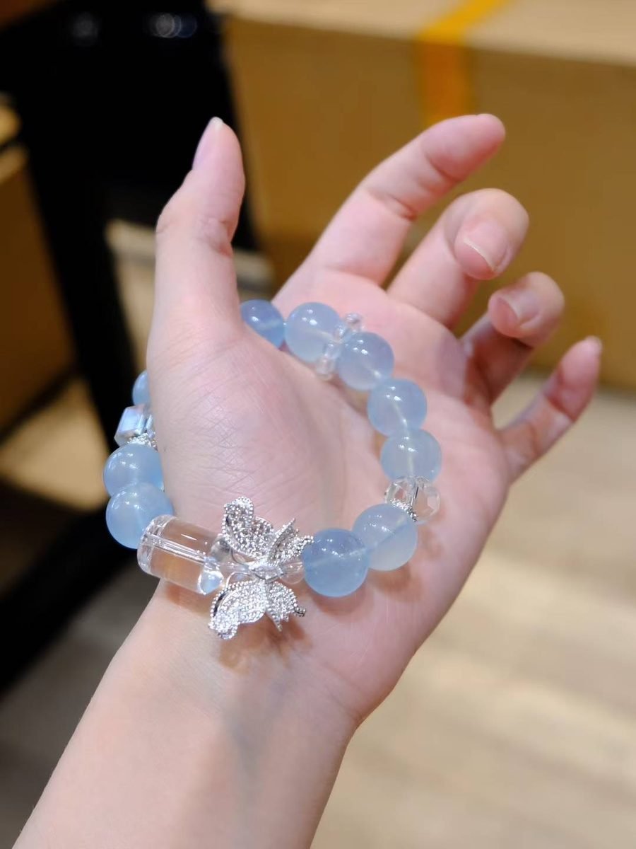 9-11mm Rainbow Moonstone Bracelet with Clear Quartz & Aquamarine - Image 3