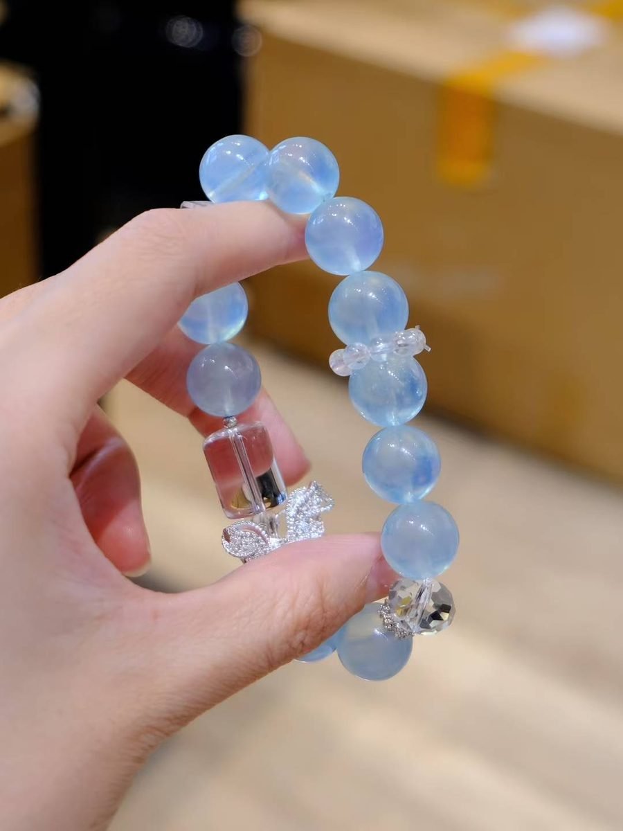 9-11mm Rainbow Moonstone Bracelet with Clear Quartz & Aquamarine - Image 4