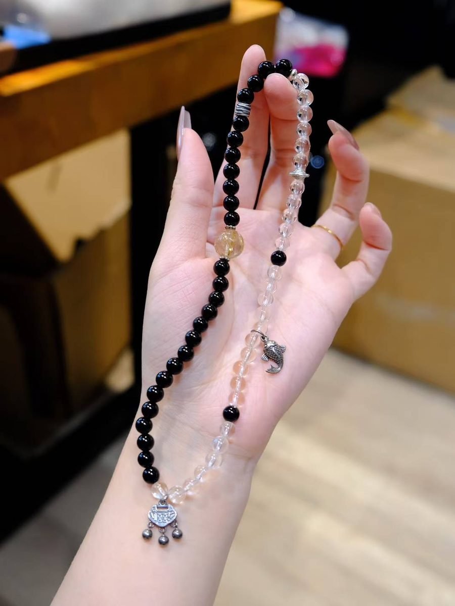 Black Obsidian Bracelet with Clear Quartz & Rutilated Quartz