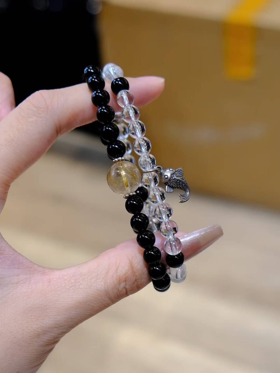 Black Obsidian Bracelet with Clear Quartz & Rutilated Quartz - Image 3
