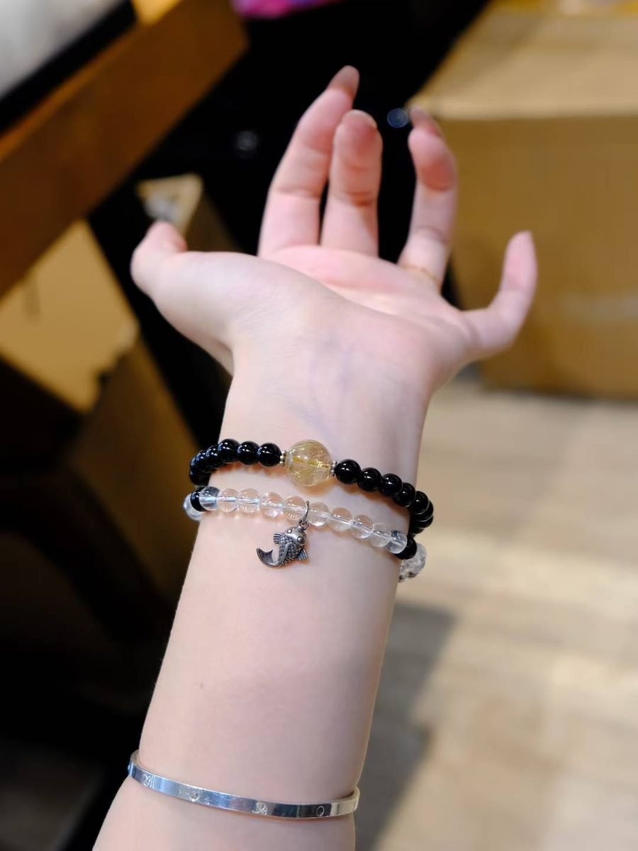 Black Obsidian Bracelet with Clear Quartz & Rutilated Quartz - Image 5