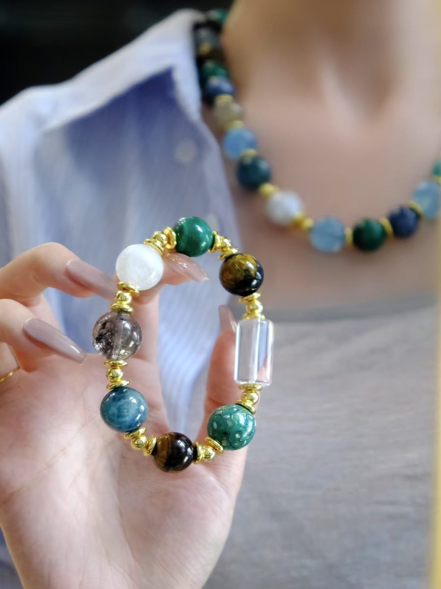 7 Chakra Balancing Bracelet with Rutilated Quartz & Malachite