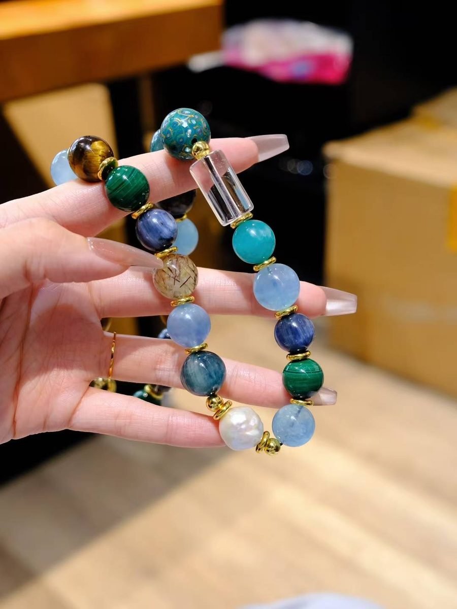 7 Chakra Balancing Necklace with Rutilated Quartz & Malachite - Image 3