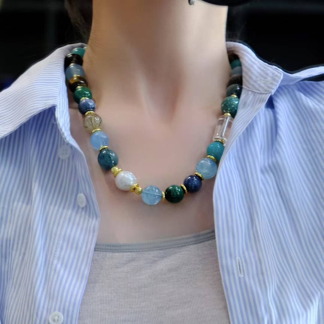 7 Chakra Balancing Necklace with Rutilated Quartz & Malachite - Image 4