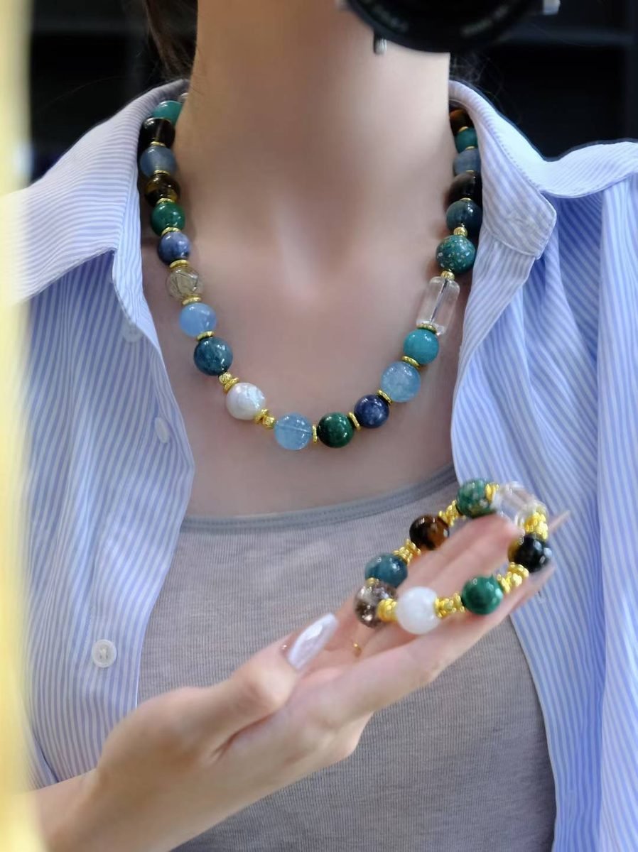 7 Chakra Balancing Necklace with Rutilated Quartz & Malachite - Image 5