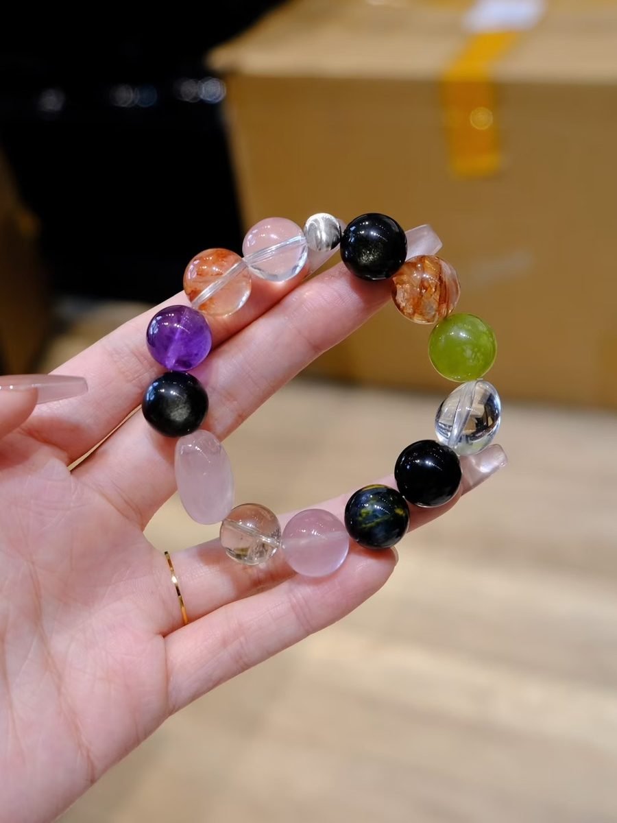 13mm 7 Chakra Balancing Bracelet with Rose Quartz & Amethyst — Ref. 01825