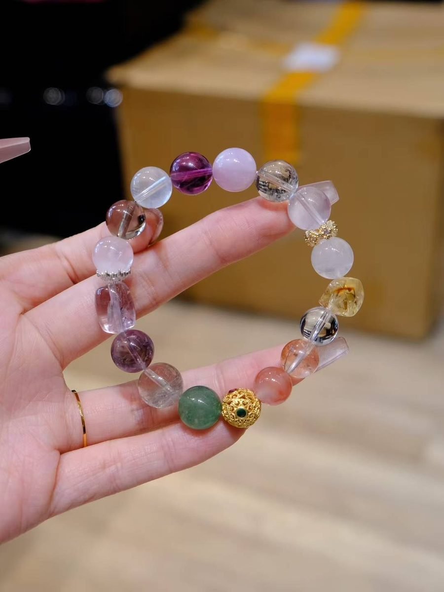 11mm 7 Chakra Balancing Bracelet with Rose Quartz & Rutilated Quartz