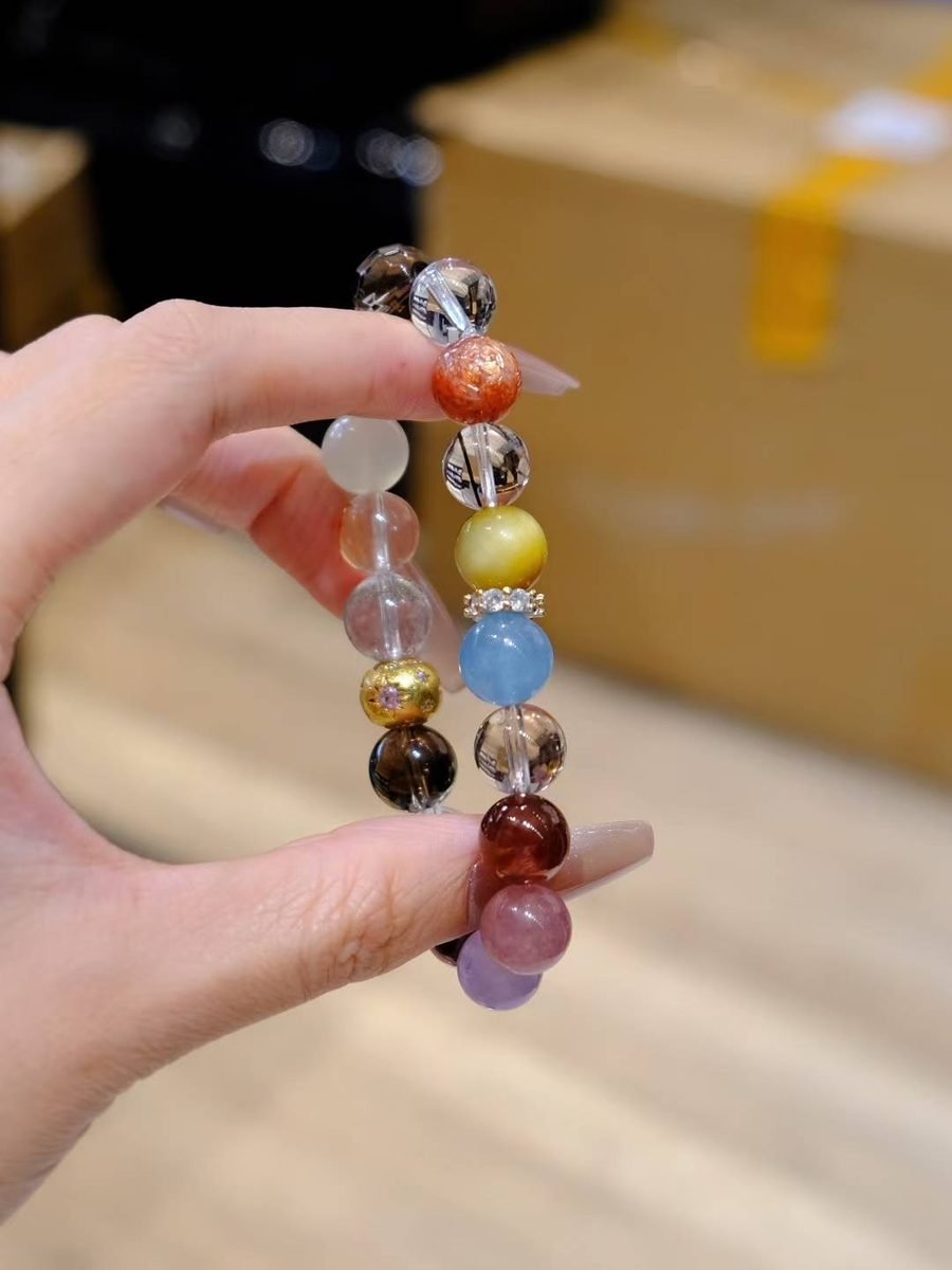 10mm 7 Chakra Balancing Bracelet with Green Phantom Quartz & Rutilated Quartz — Ref. 01829