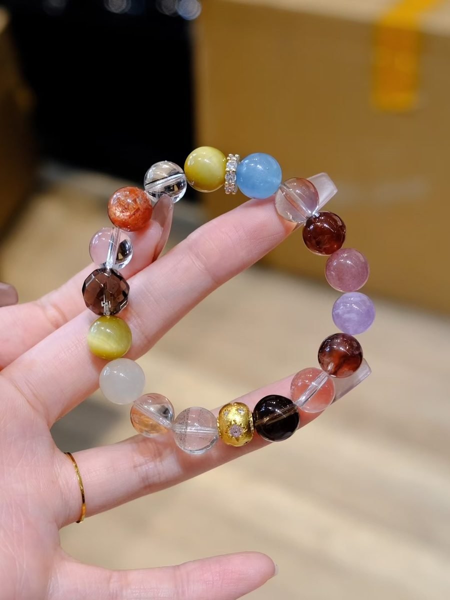 10mm 7 Chakra Balancing Bracelet with Green Phantom Quartz & Rutilated Quartz — Ref. 01829 - Image 2