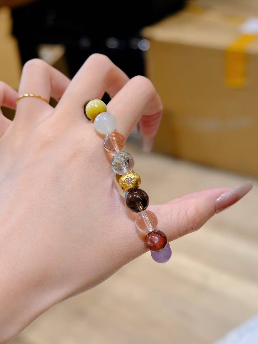 10mm 7 Chakra Balancing Bracelet with Green Phantom Quartz & Rutilated Quartz — Ref. 01829 - Image 3