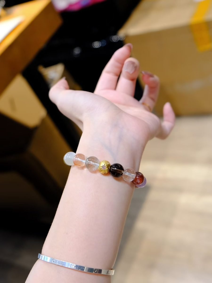 10mm 7 Chakra Balancing Bracelet with Green Phantom Quartz & Rutilated Quartz — Ref. 01829 - Image 4