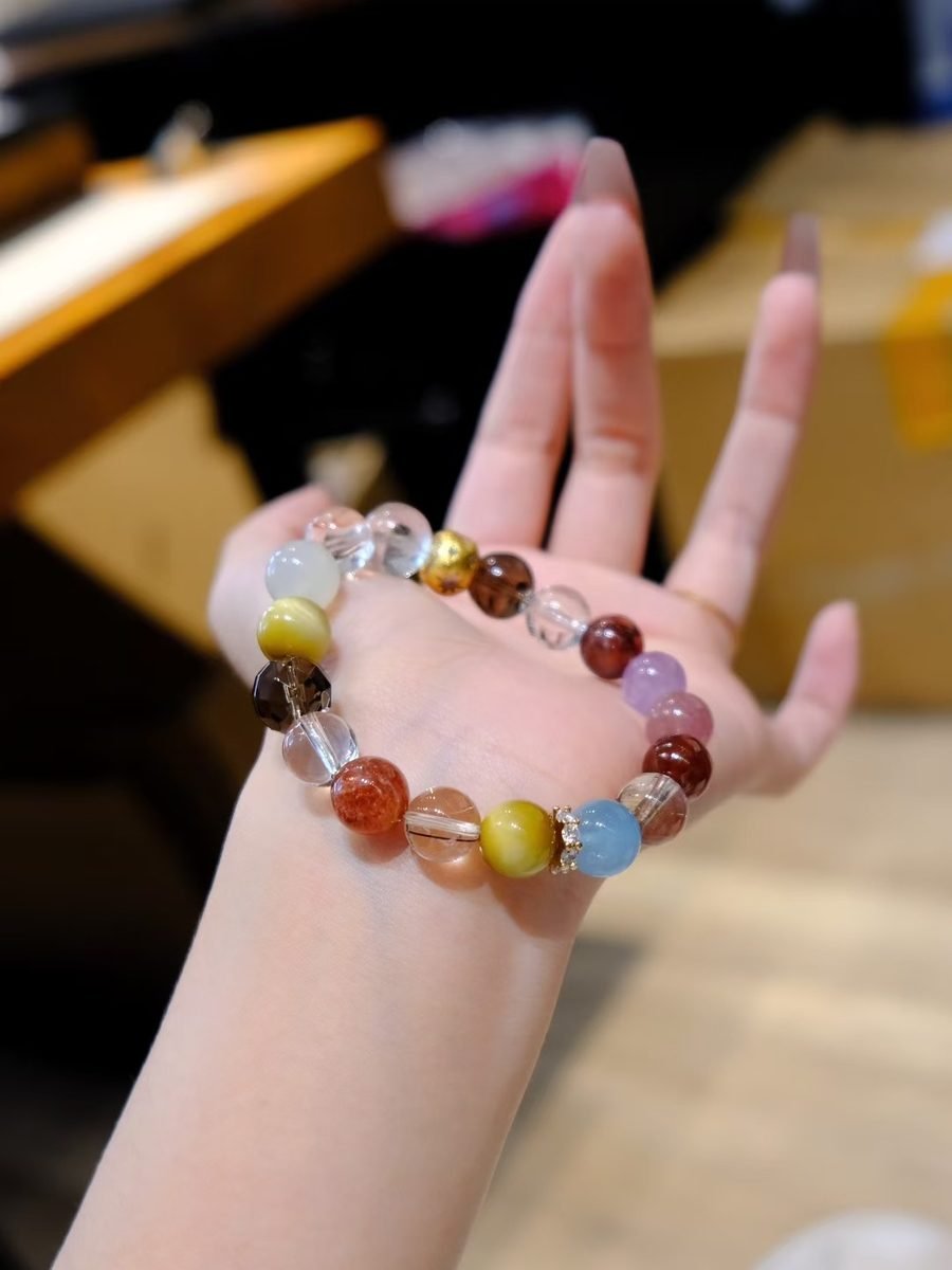 10mm 7 Chakra Balancing Bracelet with Green Phantom Quartz & Rutilated Quartz — Ref. 01829 - Image 5