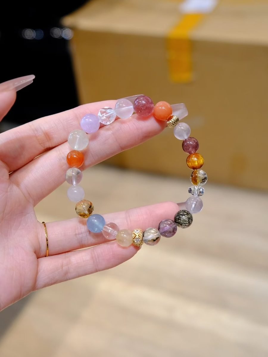 8mm 7 Chakra Balancing Bracelet with Rutilated Quartz & Strawberry Quartz