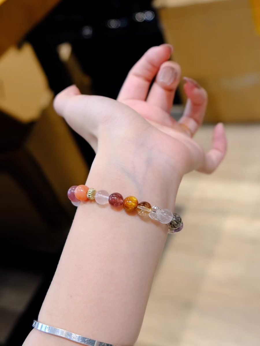 8mm 7 Chakra Balancing Bracelet with Rutilated Quartz & Strawberry Quartz - Image 2