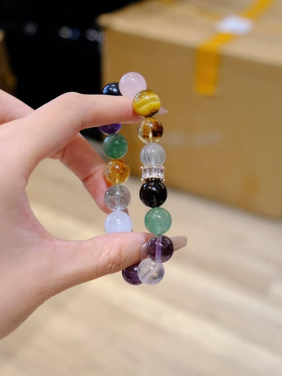 11-12mm 7 Chakra Balancing Bracelet with Amethyst & Smoky Quartz