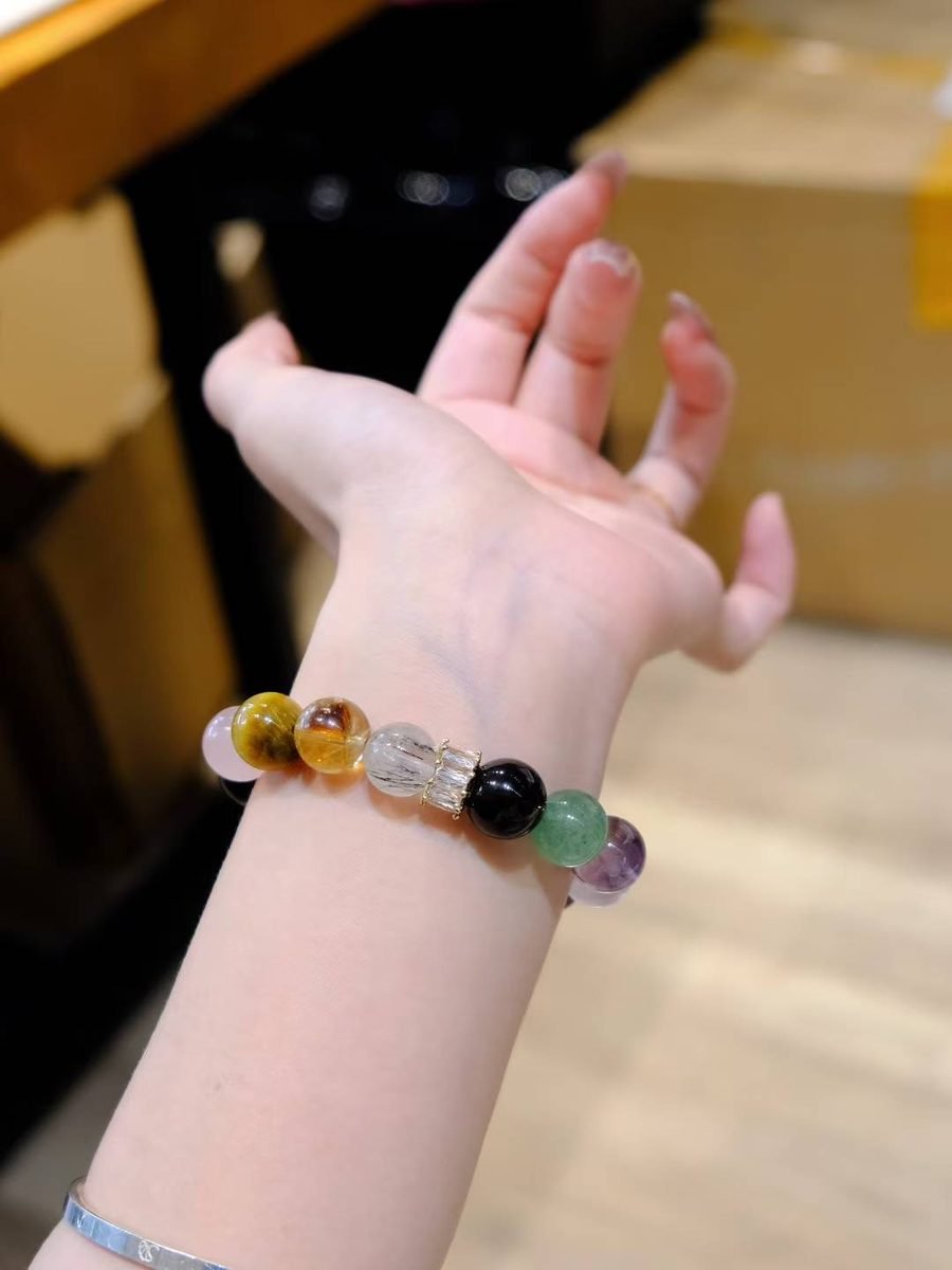 11-12mm 7 Chakra Balancing Bracelet with Amethyst & Smoky Quartz - Image 2