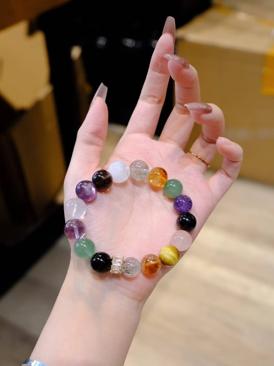 11-12mm 7 Chakra Balancing Bracelet with Amethyst & Smoky Quartz - Image 3