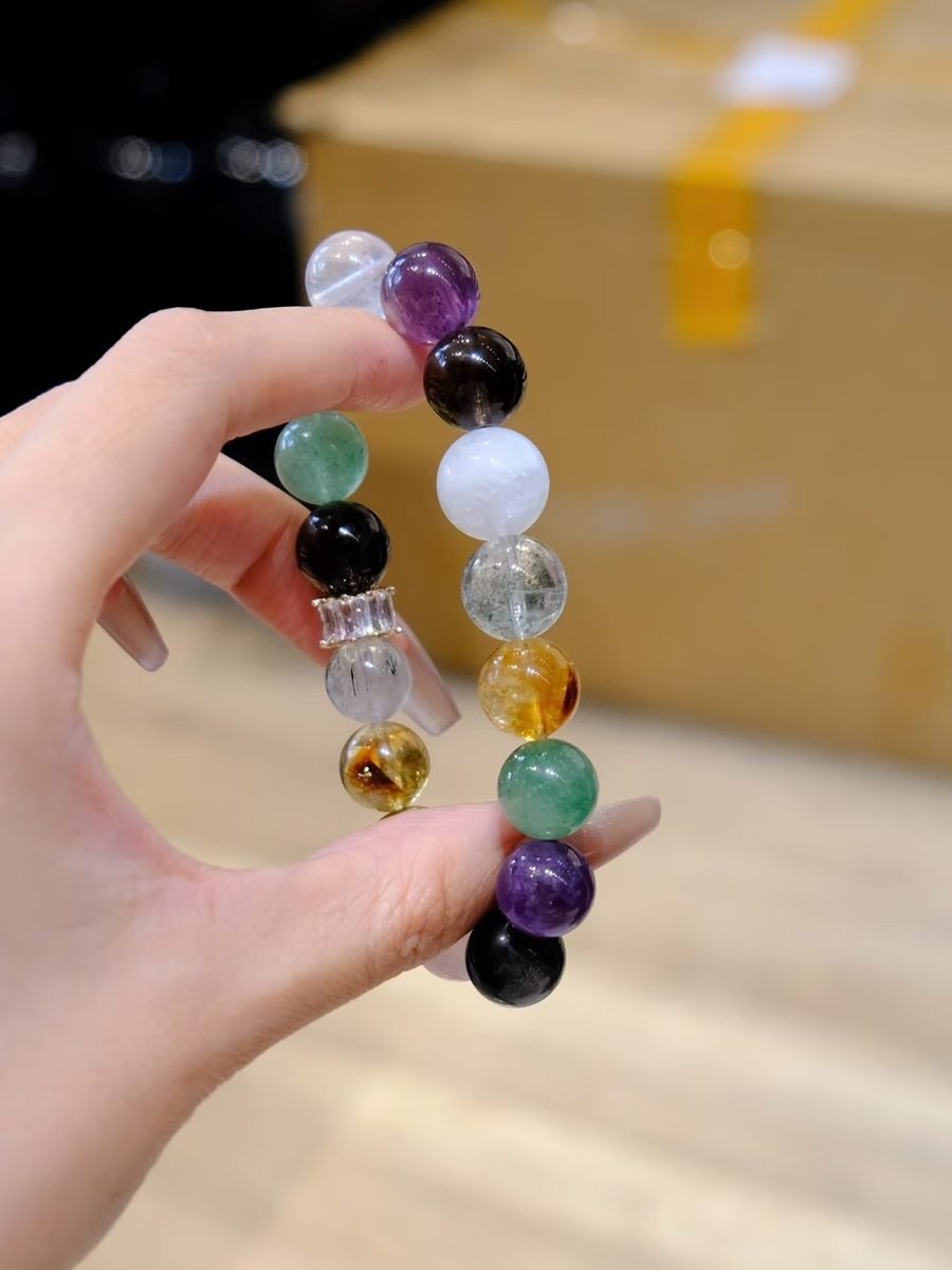 11-12mm 7 Chakra Balancing Bracelet with Amethyst & Smoky Quartz - Image 4