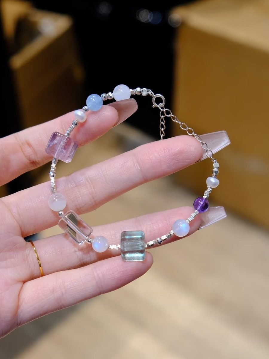 Rainbow Moonstone Bracelet with Fluorite & Aquamarine