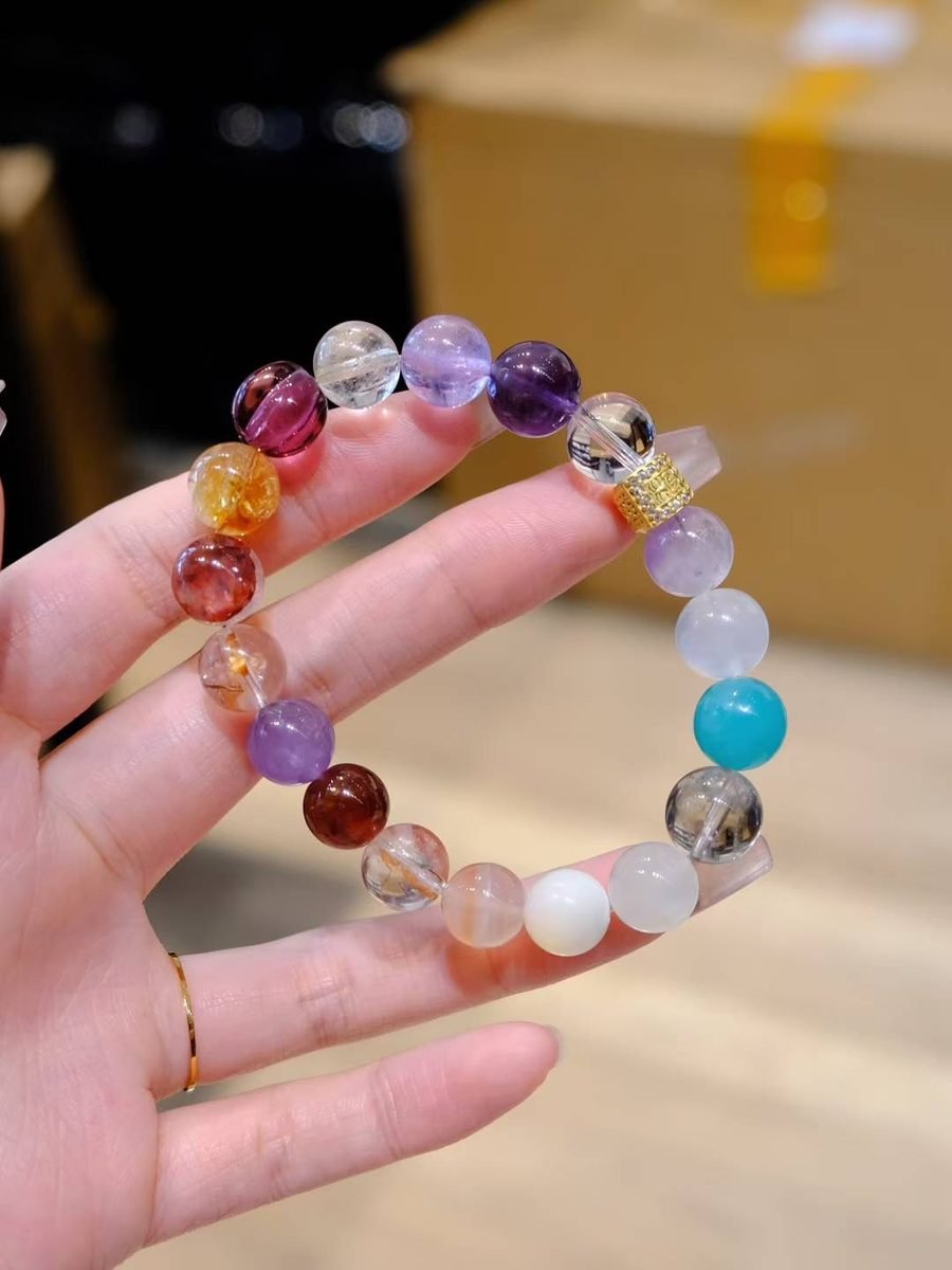 10mm 7 Chakra Balancing Bracelet with Amethyst & Clear Quartz — Ref. 01848