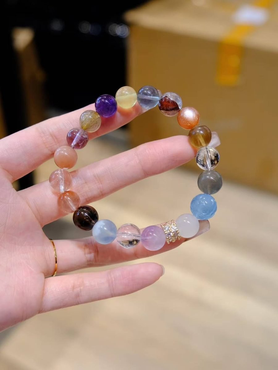 9-10mm 7 Chakra Balancing Bracelet with Amethyst & Rutilated Quartz