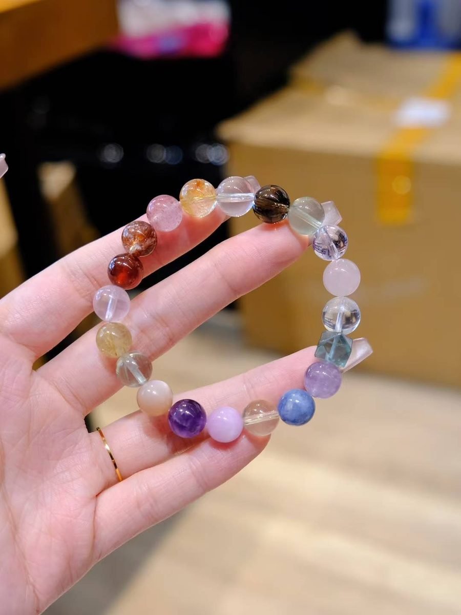 9mm 7 Chakra Balancing Bracelet with Amethyst & Rutilated Quartz
