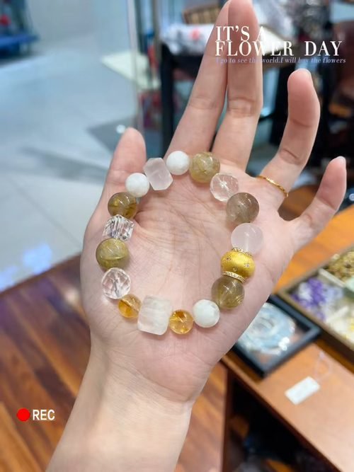 Rose Quartz Bracelet with Clear Quartz & Rutilated Quartz — Ref. 01877