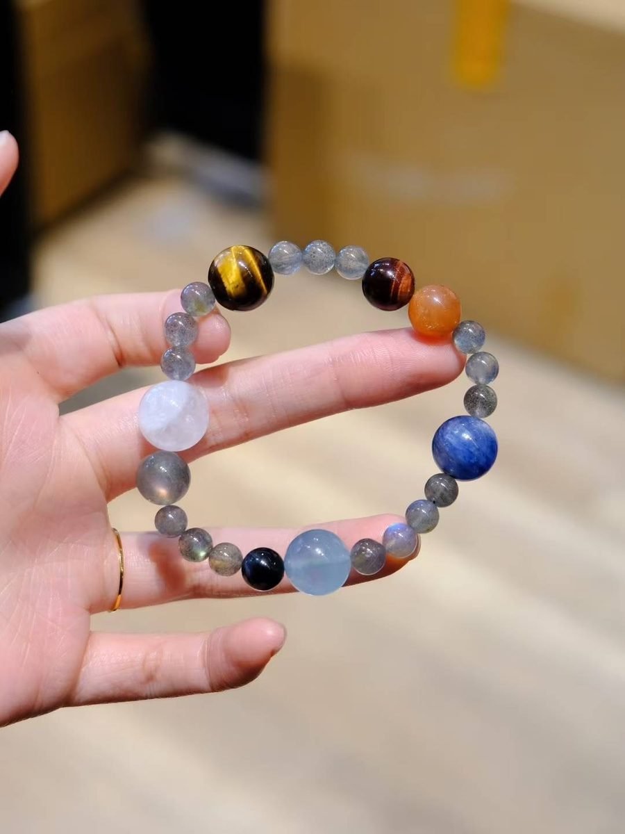 Rainbow Moonstone Bead Strand with Aquamarine & Tiger Eye