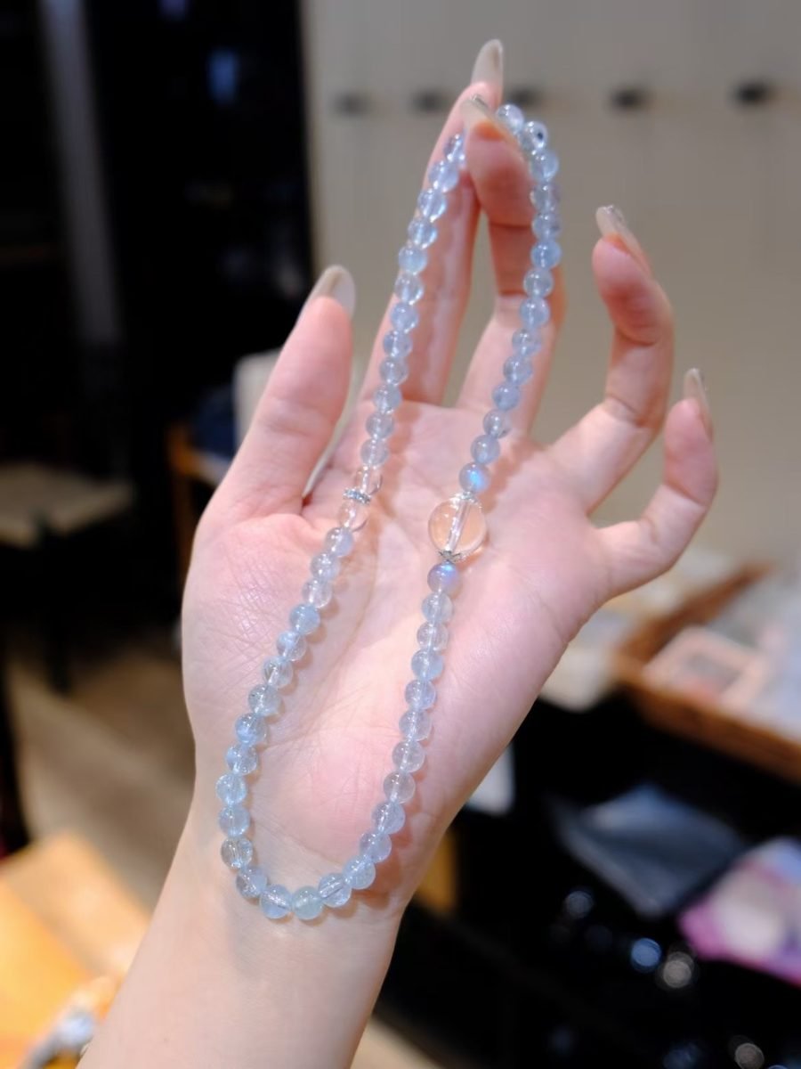 6mm Rainbow Moonstone Bracelet with Clear Quartz & Aquamarine