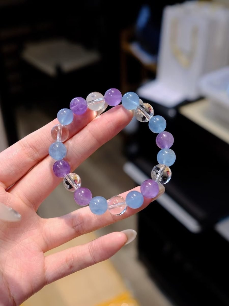 10mm Amethyst Bracelet with Clear Quartz & Aquamarine
