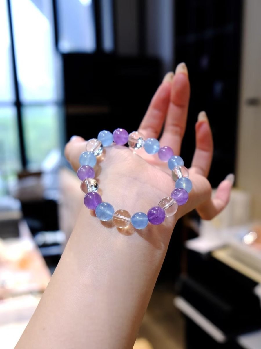 10mm Amethyst Bracelet with Clear Quartz & Aquamarine - Image 3