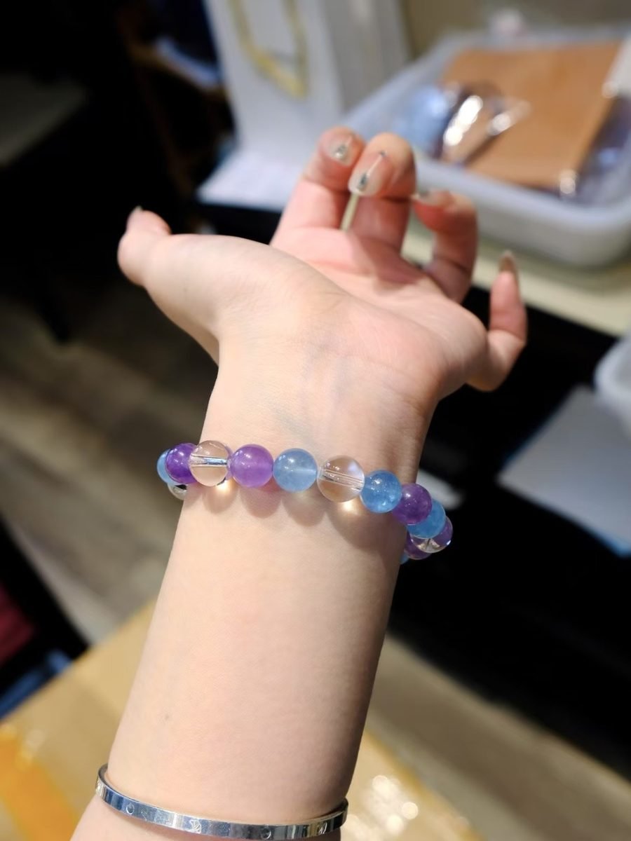 10mm Amethyst Bracelet with Clear Quartz & Aquamarine - Image 5