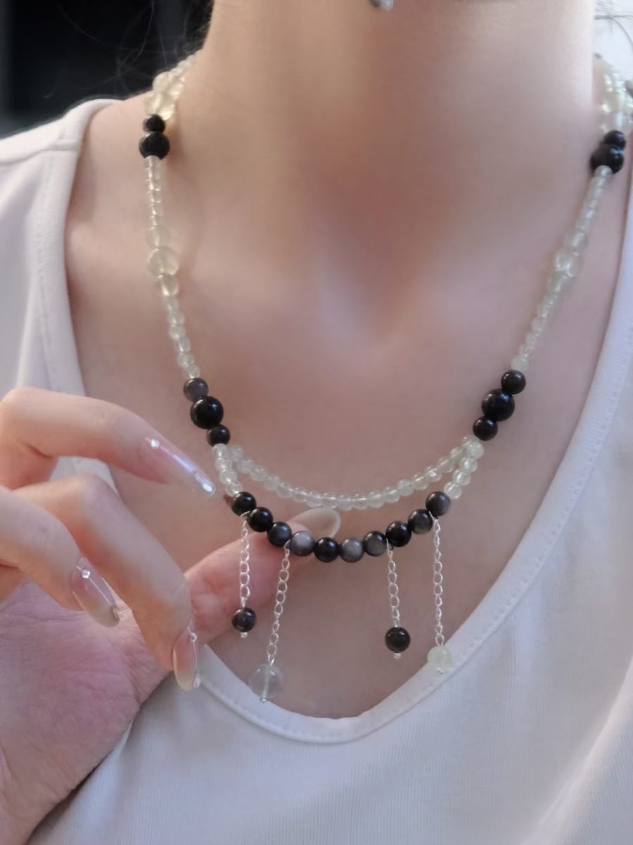 8mm Black Obsidian Bracelet with Prehnite - Image 3