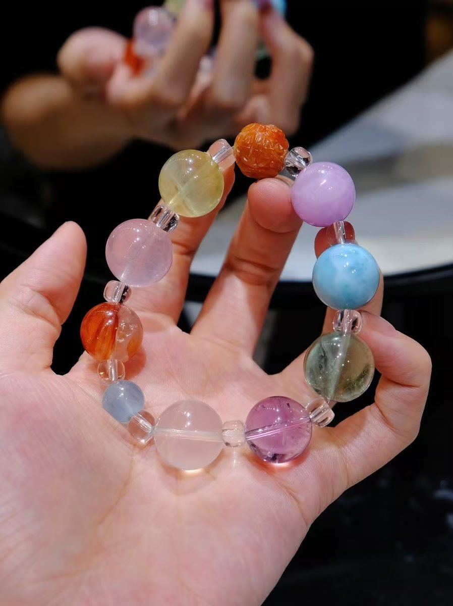 16mm 7 Chakra Balancing Bracelet with Rose Quartz & Amethyst