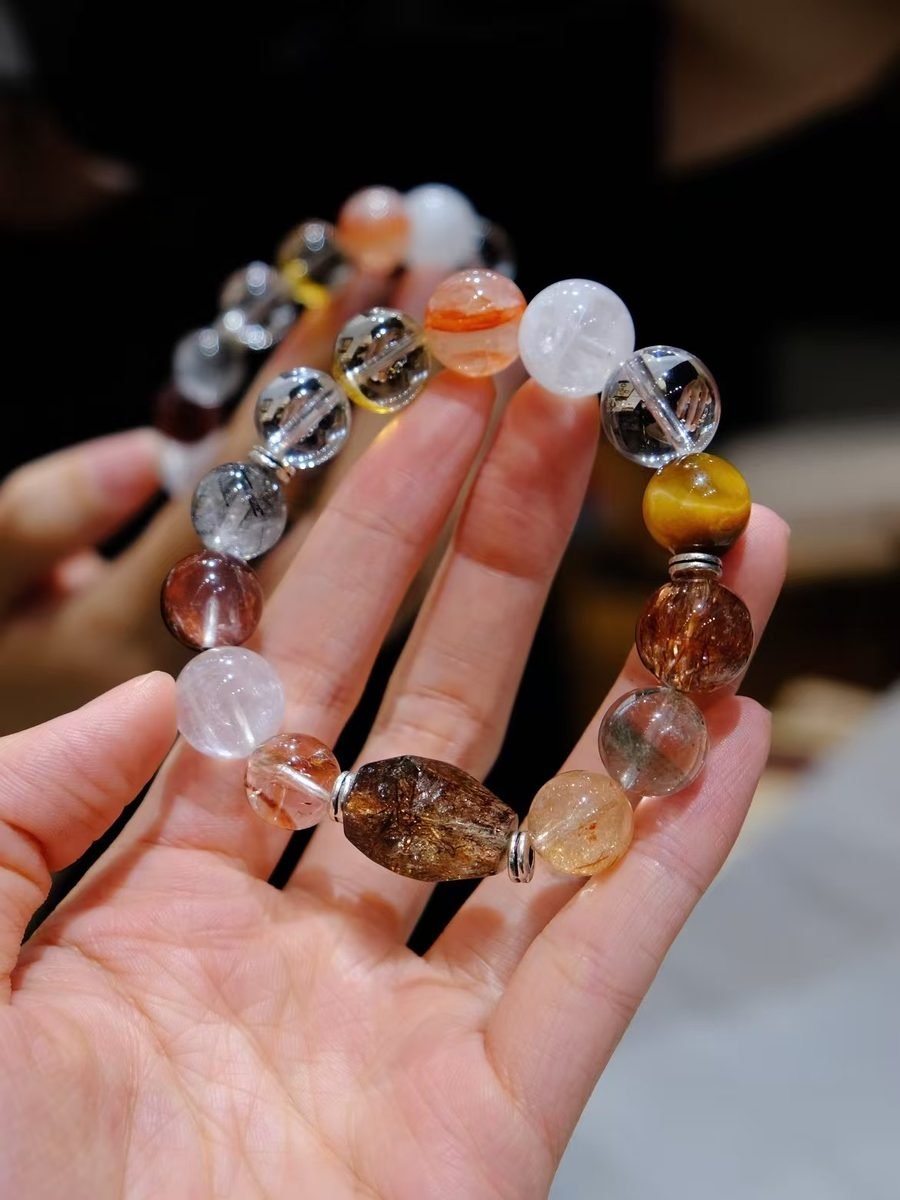 13mm 7 Chakra Balancing Bracelet with Clear Quartz & Green Phantom Quartz