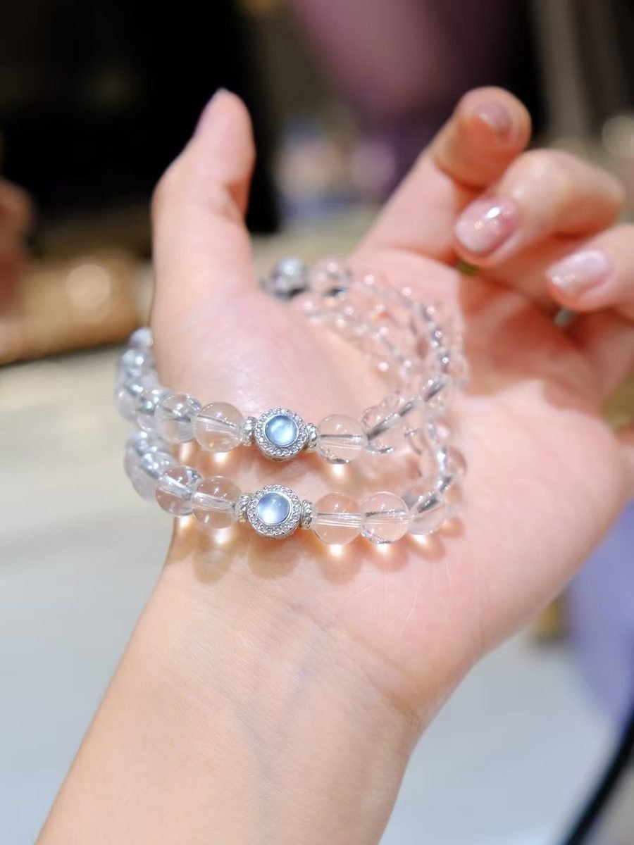 Rainbow Moonstone Bracelet with Clear Quartz & Aquamarine — Ref. 02233