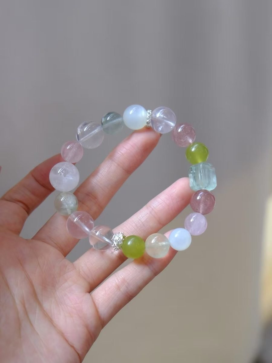 Rainbow Moonstone Bracelet with Rose Quartz & Strawberry Quartz
