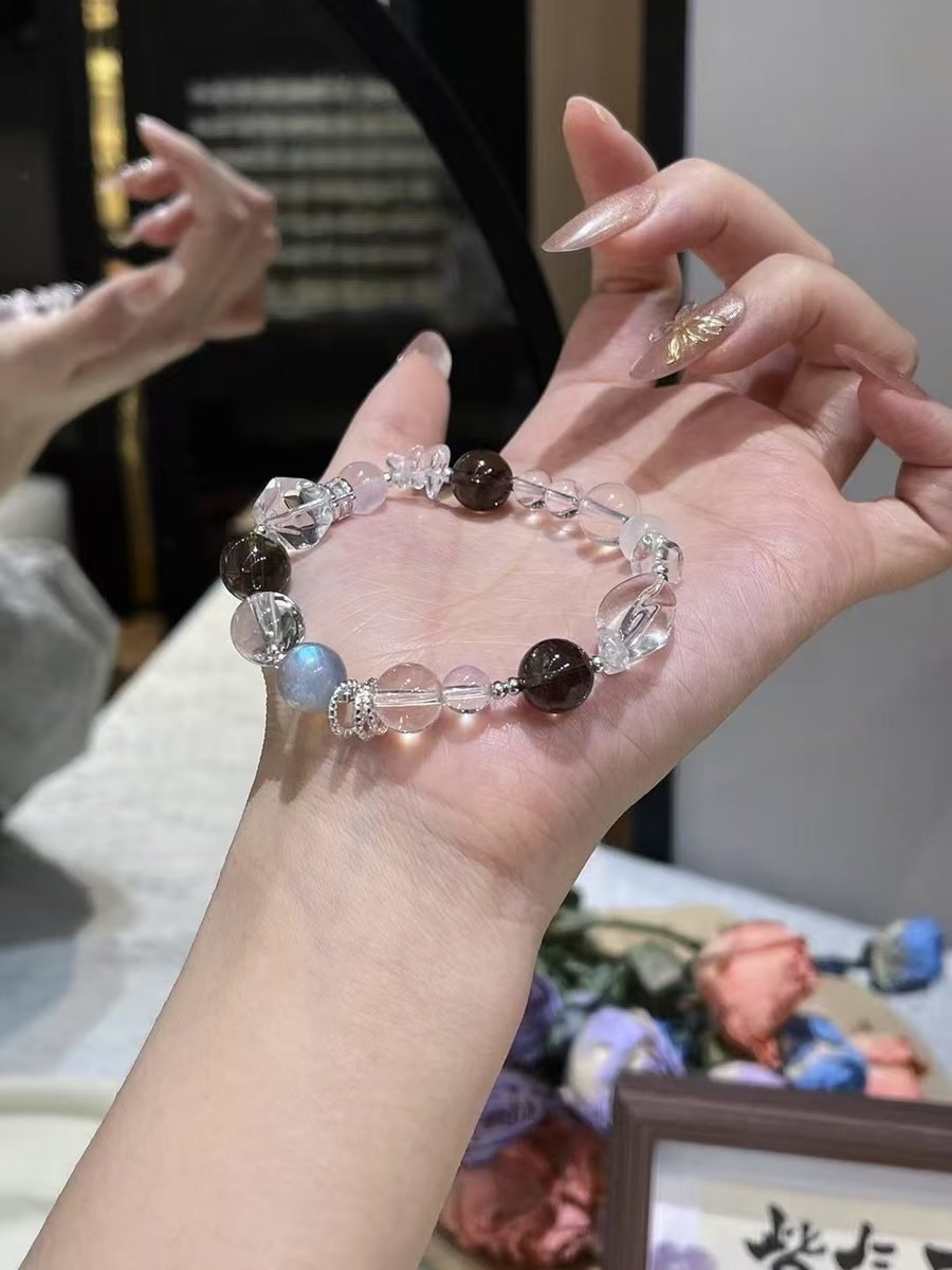 Rainbow Moonstone Bracelet with Rose Quartz & Smoky Quartz