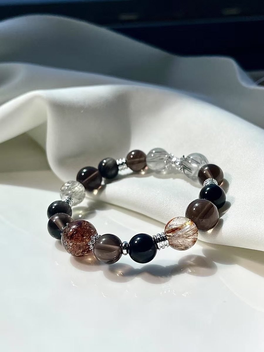 Black Obsidian Bracelet with Smoky Quartz & Rutilated Quartz - Image 2