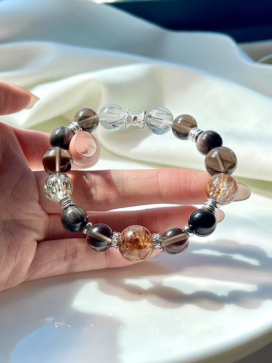 Black Obsidian Bracelet with Smoky Quartz & Rutilated Quartz - Image 3