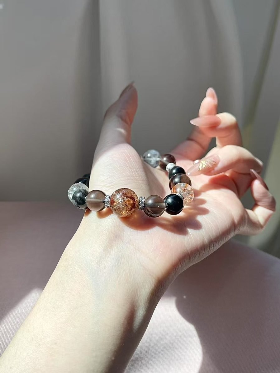 Black Obsidian Bracelet with Smoky Quartz & Rutilated Quartz - Image 4