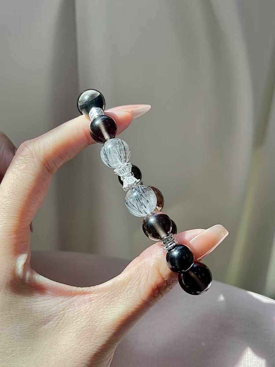 Black Obsidian Bracelet with Smoky Quartz & Rutilated Quartz - Image 5