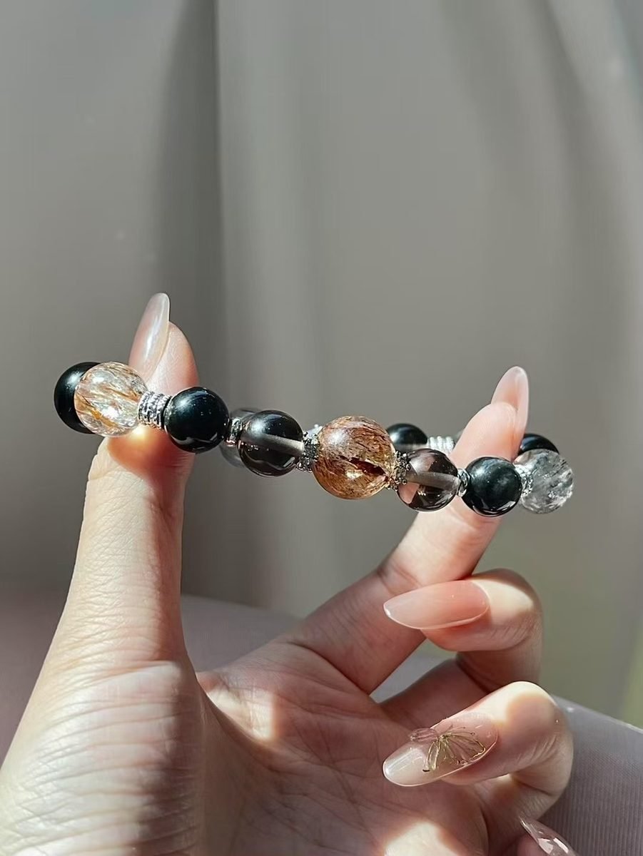 Black Obsidian Bracelet with Smoky Quartz & Rutilated Quartz - Image 6