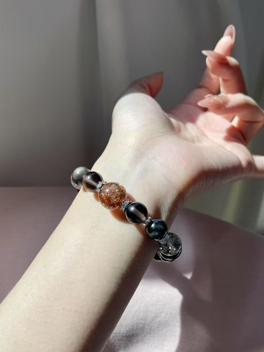 Black Obsidian Bracelet with Smoky Quartz & Rutilated Quartz - Image 7