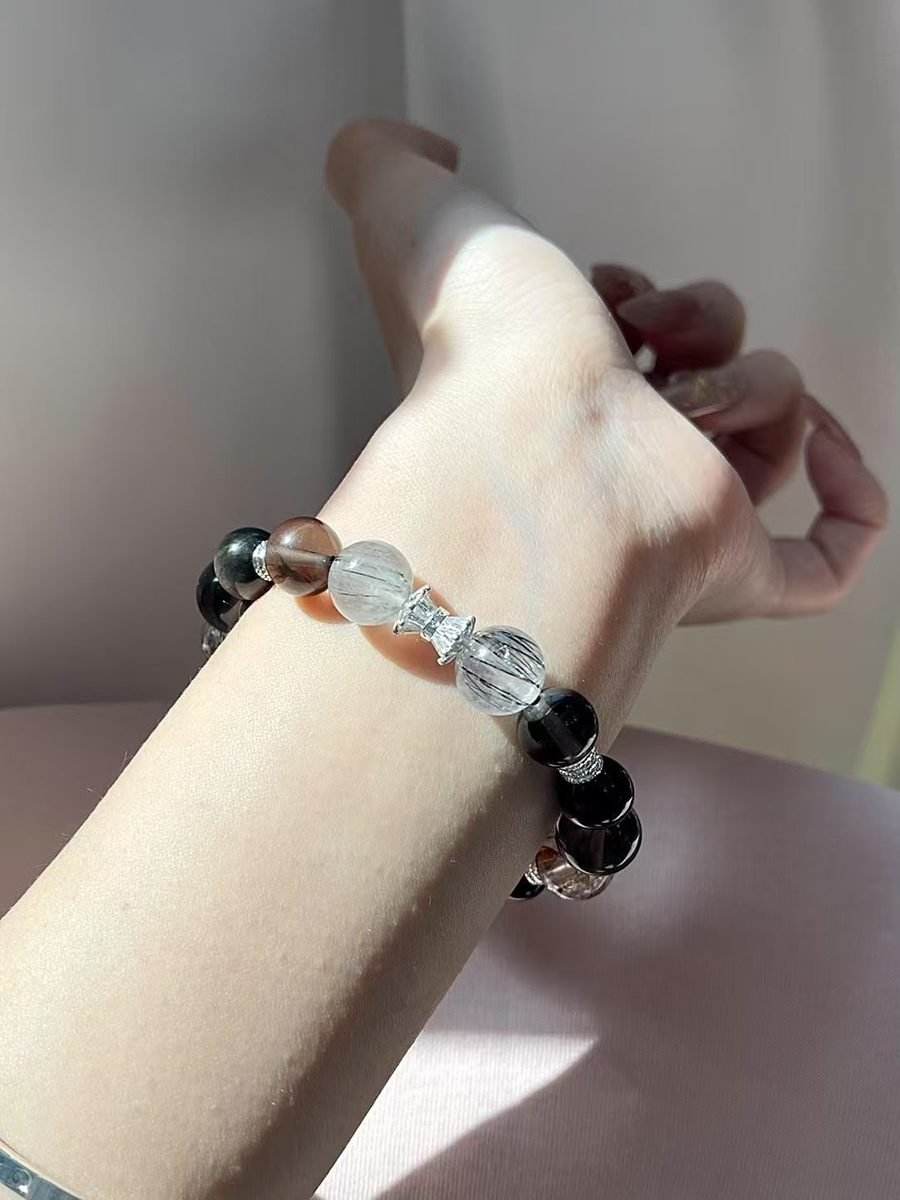 Black Obsidian Bracelet with Smoky Quartz & Rutilated Quartz - Image 8
