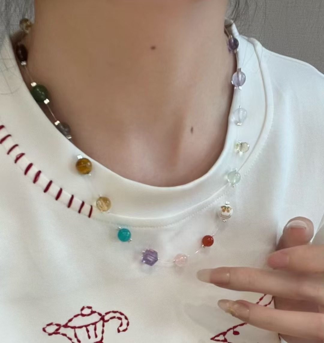 Rose Quartz Faceted Necklace with Rainbow Moonstone & Amethyst — Ref. 02416