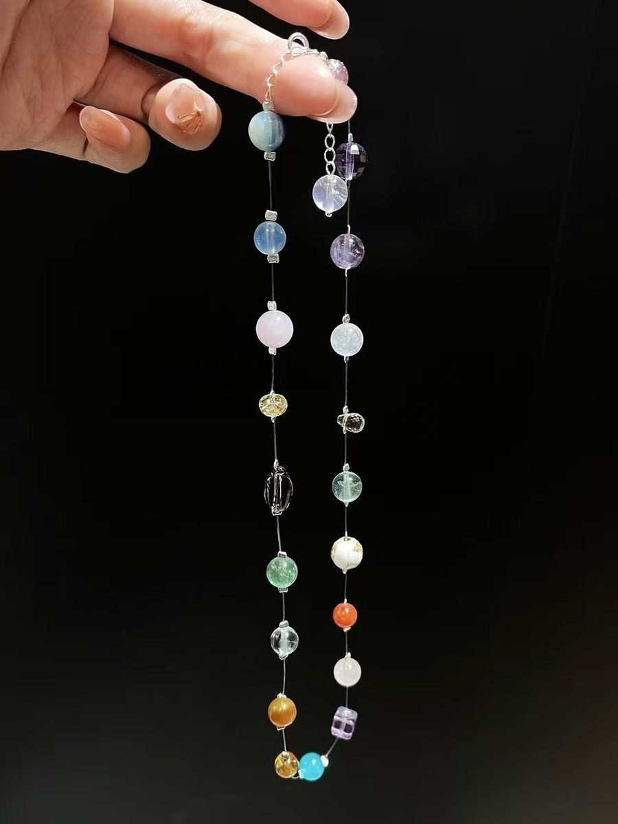 Rose Quartz Faceted Necklace with Rainbow Moonstone & Amethyst — Ref. 02417